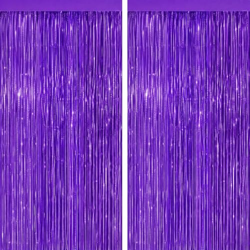 2Pack Purple Backdrop Metallic Tinsel Streamers Foil Fringe Backdrop Halloween Party Decorations Curtain Photo Booth Props Wedding Birthday Graduation Bachelorette Xmas New Year Party Decors