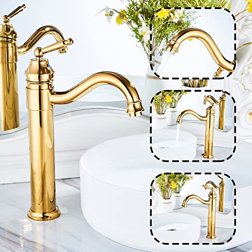Ggstudy Tall Body Single Handle One Hole Bathroom Vessel Sink Faucets Gold Finish With Pop Up Drian Without Overflow #TOP4