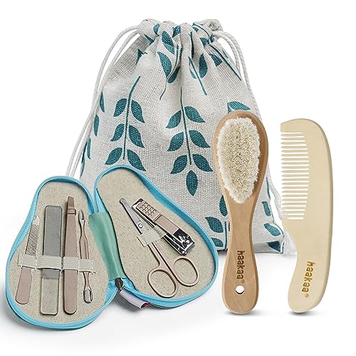 Image of haakaa Baby Hair Brush and Comb Set & Pear-FECT Manicure Kit for Newborns & Toddlers, Natural Soft Goat Bristles and Wooden Handle, Baby Healthcare and Grooming Kit, Baby Nail Clippers, Mint Green