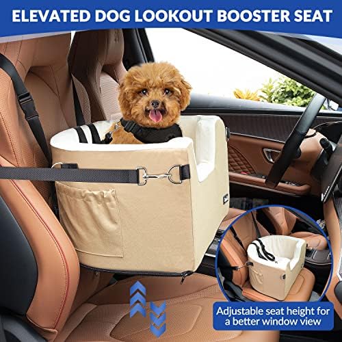 Eyein Puppy Dog Car Booster Seat, Adjustable Height Dog Car Seat Bed Carrier with Cushion and Safety Belt for Back Front Seat Travel, Fully Detachable and Washable, Supports Pets Up to 18lbs
