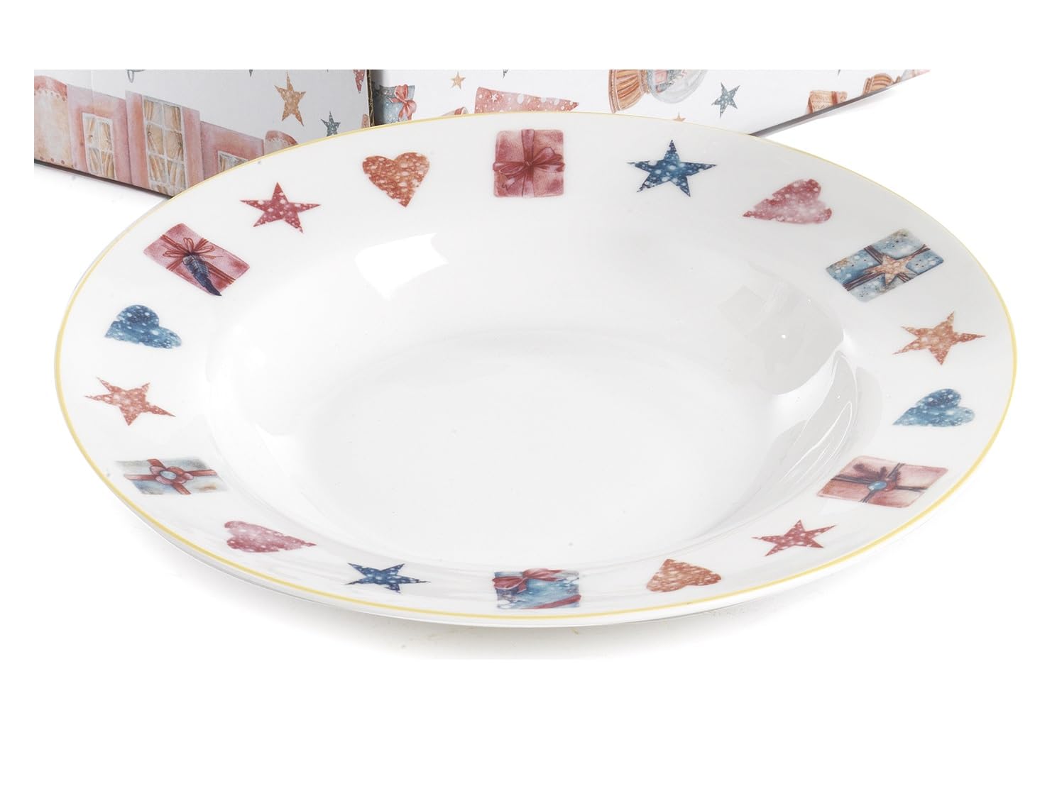 Servicio de platos navideño de 18 piezas con tema de Navidad en porcelana de autor Nàvel 6 fondos Ø 21,6 cm, 6 platos Ø 21,6 cm y 6 platos Ø 26,7 cm con elegante caja litografiada