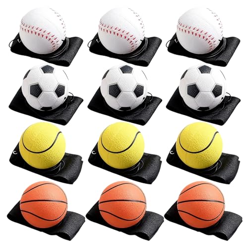 BAIFULAI 12 Stück Springball mit Schnur: Ø 6 cm Ball mit Schnur, Ball mit Gummiband für Handgelenkübungen oder Spielgeschwindigkeits, Basketball/Tennis/Baseball/Fußball(Mehrfarbig)