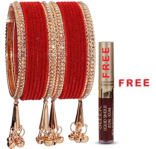 Image of NMII Metal with Zircon Gemstone and Velvet Studded Bells Latkan Bangles Set For Girls and Women I Latkan Bangles, Premium Bangle Bracelet Set I Pack of 16 Bangles