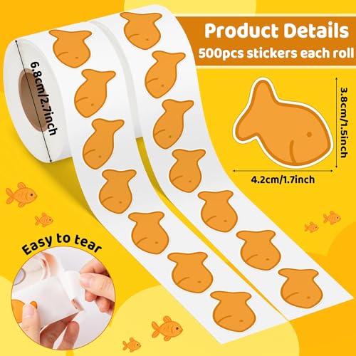 Image of Goldfish Cracker Sticker Roll - 1000 Pcs & 2 Roll Cute Fish Cookie Waterproof Vinyl Reusable Laptop Stickers for Coloring Book Scrapbook Water Bottle Page Activity Pad Birthday Party Favors
