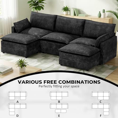 Image of LEVELEVE 112.5 inch U-Shape Modular Sofa with 2 Ottomans, Deep Seat Cloud Convertible Sleeper, 2 Arm Pillows, Comfortable Upholstered Furniture for Living Room Apartment, Black