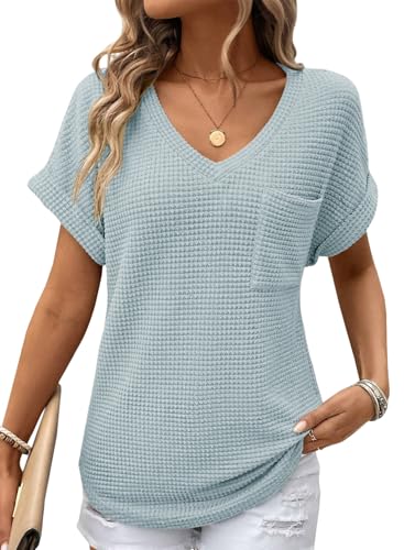 Dokotoo Summer Cute Womens Tops Waffle Knit T Shirts for Women Fall Fashion Trendy 2025 Waffle Business Casual V Neck Short Sleeve Tops Cruise Outfits Shirts Basic Tee Iceland Blue