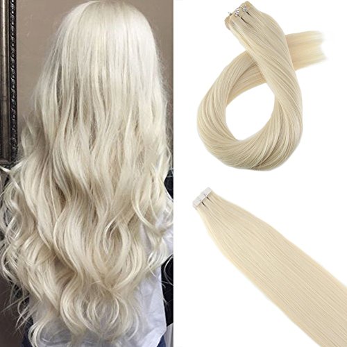 Moresoo 20 Inch Unprocessed Real Human Hair Seamless Skin Weft Adhesive Hair Extensions Platinum Blonde Color #60 Tape in Remy Human Hair Extensions 20pcs/50g