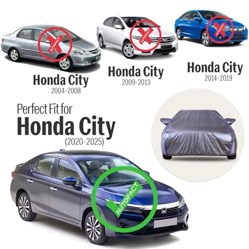 Image of Autofact 210D SuperDuper Waterproof Car Cover for Honda City (2020 to 2025) | Mirror Pockets, UV & Heat Resistant, Windproof with Buckle Belt, Scratchproof & Dustproof, Grey Color