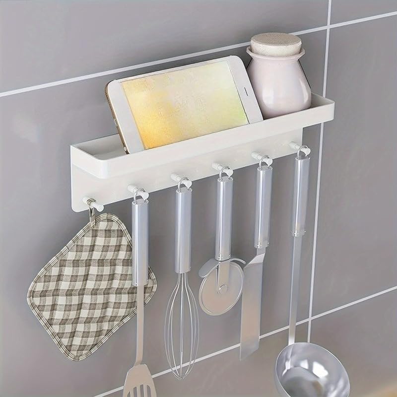Wall-Mounted Storage Rack - Key Holder & Small Items Organizer for Bathroom & Behind Door, Space-Saving Hanging Shelf (White)