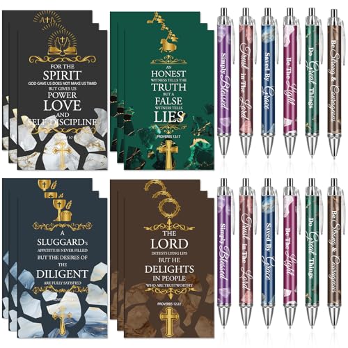 INCOK Scripture Ballpoint Pens and Notebooks Set - 24 Pcs Christian Pens and Inspirational Bible Notepads with Stone Pattern Set Religious Prayer Journal Christian Easter Gift Bulk for Women Teacher