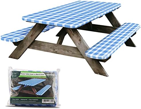 CAMPER MATTERS Picnic Table Cover with Bench Covers, Wind Resistance, Water and Oil Proof, Strong Resistance to Fading, for Outdoor and Camping, 72" Table, 3 Pieces Set, Come with Reusable Plastic Bag