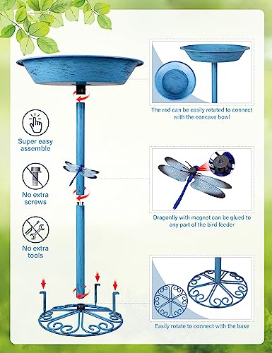Tiancentral H Bird Baths For Outdoors 25.5 Inch Height Outdoor Garden Bird Feeder Metal Birdbath With Dragonfly For Garden Yard And Lawn Decoration,Blue thumb #2
