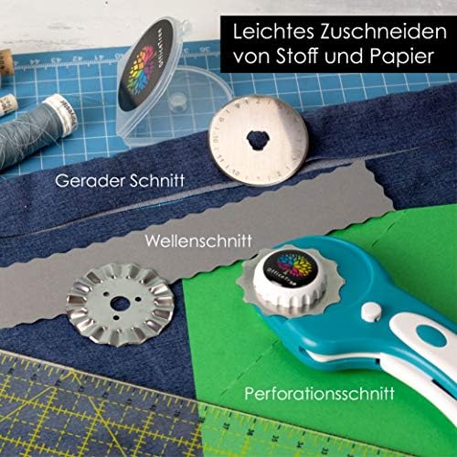 OfficeTree Rotary Cutter for Fabric - 3 Blades - Fabric Cutter Ø 45mm - Material Cutter Wheel for Easy Cutting of Materials and Paper - Fabric Cutting Wheel - Handle Ergonomic Lock Button -
