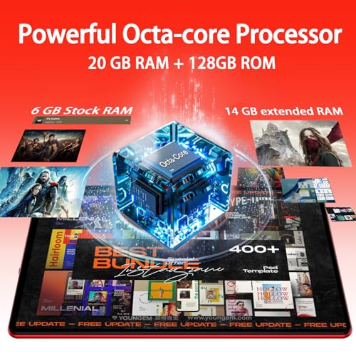 Image of Android 15 Tablet with Keyboard Mouse, 20GB RAM + 128GB ROM (Expand to 1TB), 10.1 Inch Octa-Core Tablets with WiFi 6, Dual Camera, 1280x800 IPS Display, 6000mAh Battery, Widevine L1 - Red