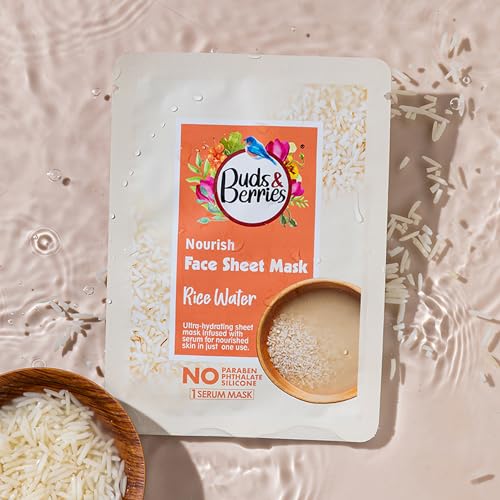 Image of Buds & Berries Rice Water Nourishing Ultra-hydrating Face Sheet Mask | Infused with Serum | All Skin Types | No Paraben, No Sulphate, No Silicone (25 gm)