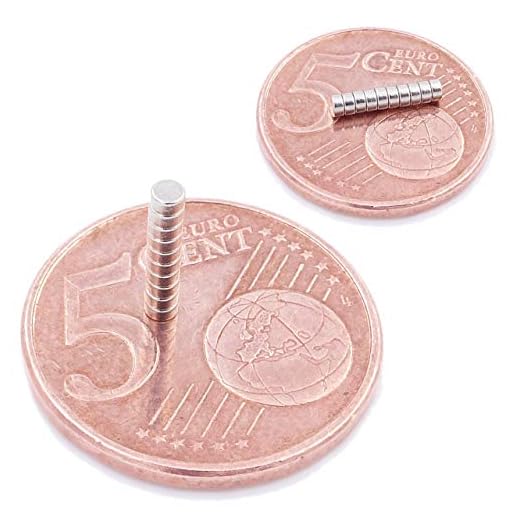 Brudazon | 10 miniskivmagneter 2 x 1 mm | N52 starkaste nivå - neodymiummagneter superstark | Kraftmagnet för modelltillverkning, foto, whiteboard, kylskåp, hantverk | liten, rund & extra stark
