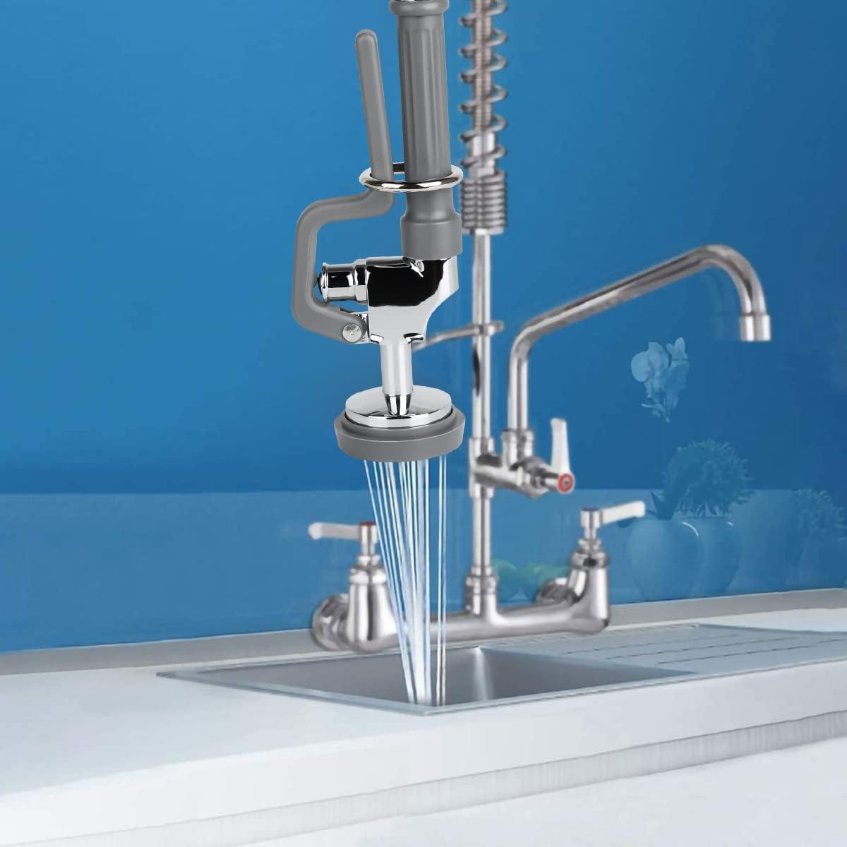 Commercial Sink Sprayer Head with Handle Grip, Pre Rinse Spray Valve for Restaurant Kitchen Faucet 1.42GPM High-Pressure Dish Sprayer Nozzle Assembly Replacement Kit Chrome Brushed (Gray)