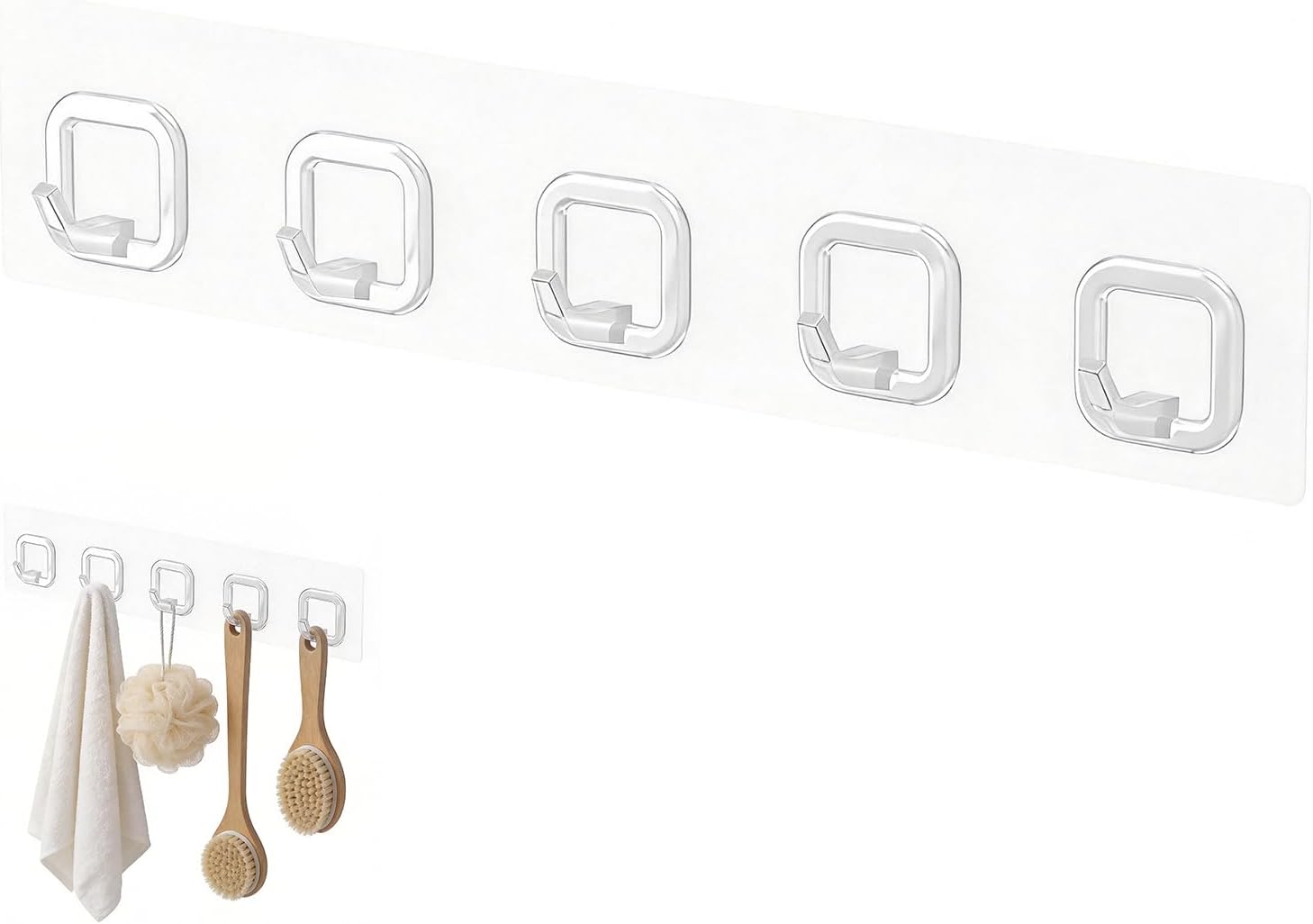 Clear Adhesive Wall Towel Hooks, Large 5Hooks for Hanging Coat, Robe, Keys, No Drill Stick on Bathroom, Shower, Kitchen, RV