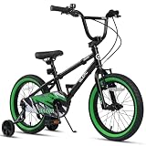 Glerc Razor 16 Zoll Kinderfahrrad für 4-7 jährige Jungen Jugendliche erstes BMX Style Fahrrad mit Ständer & Sicherheitsklingel & abnehmbaren Stützrädern, Schwarz mit grünen Reifen