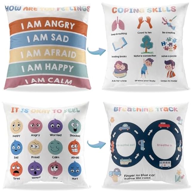 2Pcs Feelings Pillow Covers 18in Classroom Must Haves Calming Corner Item Mental Health Throw Pillowcase Kids Home Preschool Decorations Counselor Office Sensory Reading Room Calm Down Corner Supplies