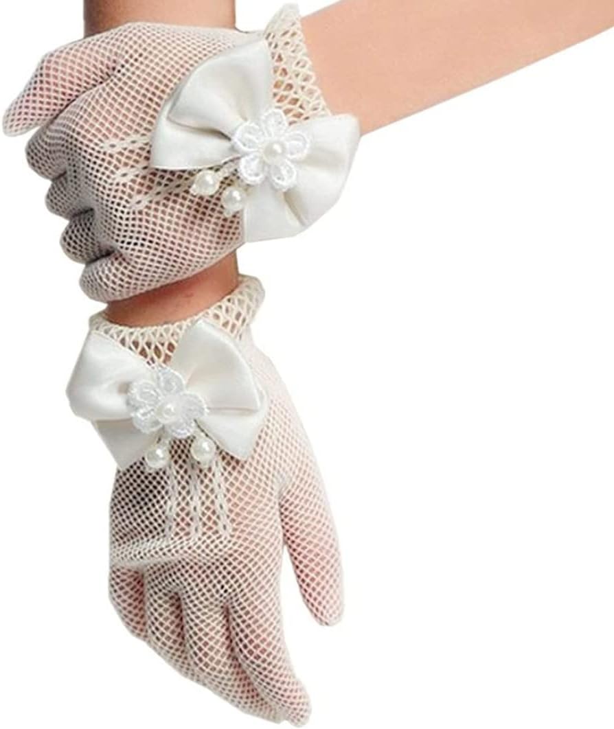 Flower Girls Bow Tie Lace Gloves, Bowknot Lace Pearl Decor for Holy Communion Pageant Evening