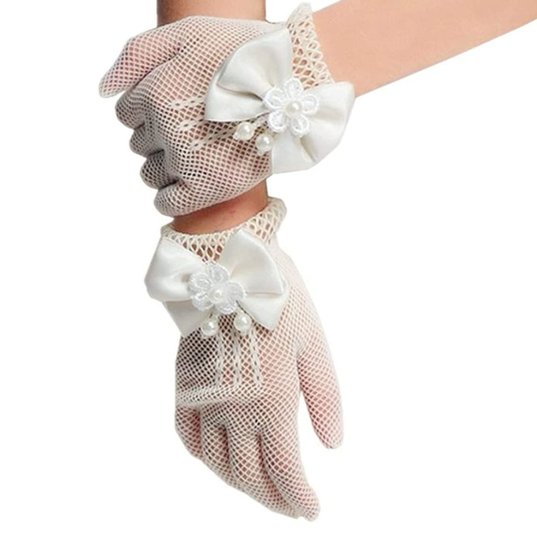 Aetherize Flower Girls Bow Tie Lace Gloves, Bowknot Lace Pearl Decor for Holy Communion Pageant Evening White Gloves Women