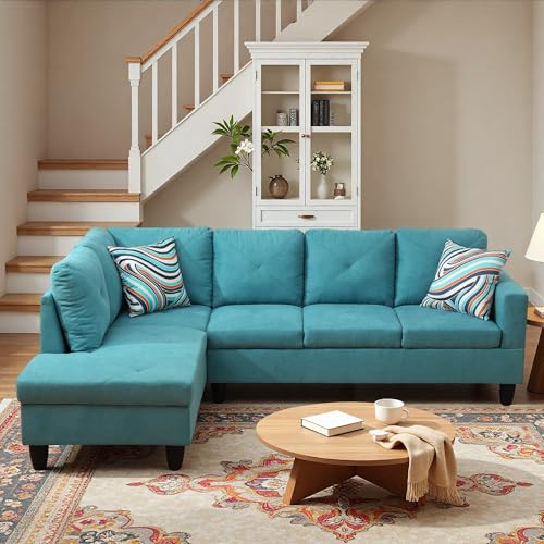 Image of L-Shaped Sectional Sofa, Modern 4-Seat Couch with Left Facing Chaise, Sectional Couch for Living Room, Apartment, Office, Blue