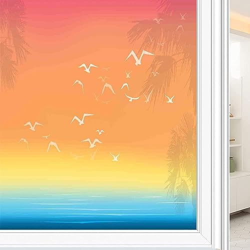 Vista 132 de Tropic - Película 3D para ventana, palmeras tropicales oceánicas en isla soleada, imagen panorámica, para puerta de cristal, baño, sala de estar