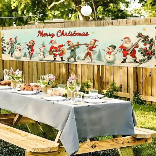 Image of Vintage Santa Music Band Banner 78.7 x 17.7 Inch Retro Holiday Scene with Santa and Snowmen Instruments Design Yard Garden Fence Porch Patio or Winter Celebration Display