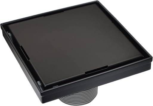 HEATGENE 6-Inches Square Shower Drain with Flat Cover, Stainless Steel Shower Floor Drain with 2-in-1 Flat & Tile Insert Cover, Floor Shower Drain with Hair Strainer, Matte Black