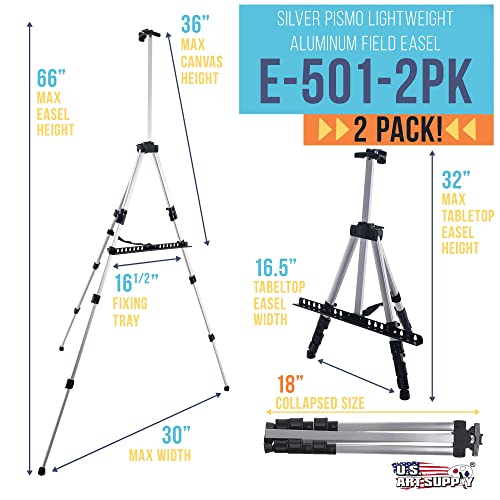 U.s. Art Supply 66" Sturdy Silver Aluminum Tripod Artist Field And Display Easel Stand (Pack Of 2) - Adjustable Height 18" To 5.5 Feet, Holds 36" Canvas - Floor And Tabletop Displaying, Portable Bag #TOP1