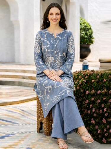Image of ANNI Designer Kurta Set for Women Erode Rayon Printed | Kurti Set for Woman | Kurta Palazzo 2 Piece Outfit | Band Collar 3 /4 Sleeve A-Line Fit Ethnic Dress Stylish Kurta Sets for Women Clothing