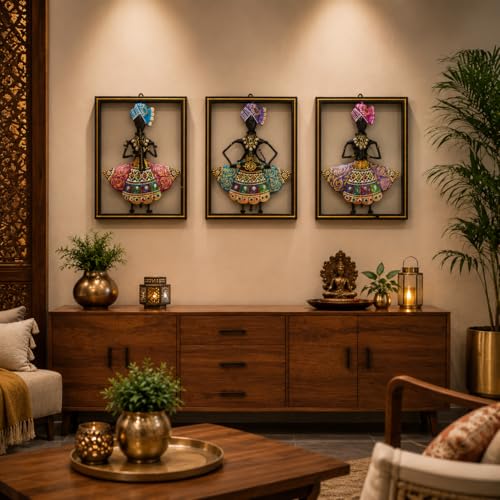 Image of iHandikart Metal Wall Art Set of 3 for Home Decor | Hand-Painted Rajasthani Folk Lady Wall Hanging | Hand-Painted Iron Wall Sculpture for Living Room, Bedroom & Home Decor | 10.5 x 8 Inch Each