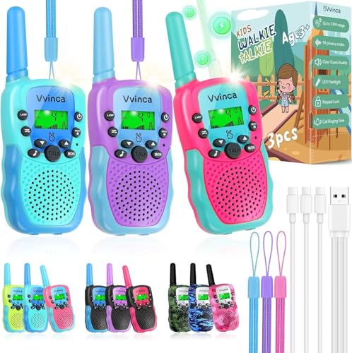 Vvinca Walkie Talkies for Kids Rechargeable 3 Pack, Toys for Boys Girls Age 3-13 Ourdoor Camping Birthday Gift, 3KM Long Range Walkie-Talkie 2 Way...