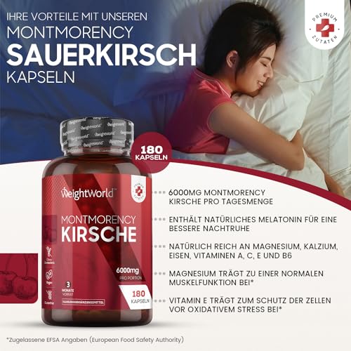 Montmorency Sauerkirschen Kapseln 6000mg - 180 Stück - 120mg Sauerkirsch Extrakt 50:1 pro Portion - Veganer & Vegetarier - 3 Monate Vorrat - Laborgeprüft in Deutschland - Kirschextrakt - WeightWorld