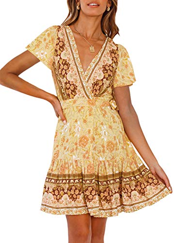 ZESICA Women’s Summer Wrap V Neck Bohemian Floral Print Ruffle Swing A Line Beach Mini Dress Yellow ZESICA Women’s Summer Wrap V Neck Bohemian Floral Print Ruffle Swing A Line Beach Mini Dress Yellow