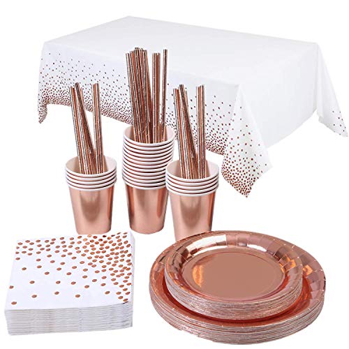TOPWAYS® Rose Gold Party Tableware, Oro Rosa Party Set Piatti Tovaglia Tovaglioli Tazza Matrimonio Compleanno cannucce Set di Forniture per Festa Oro Rosa 16 Ospiti