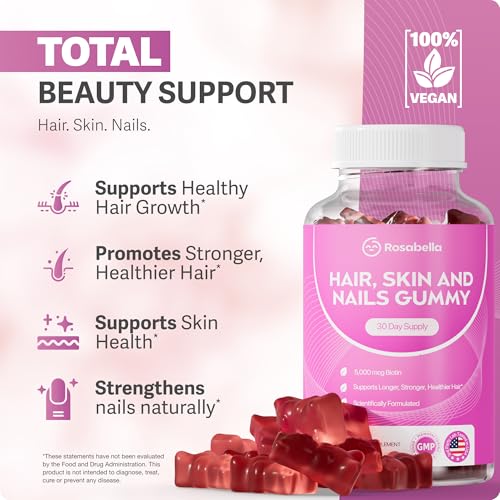 Image of Rosabella Hair Growth Gummies for Women & Men - Vegan Hair Gummies with 5000mcg Biotin - Hair Vitamins for Strong, Healthy-Looking Hair - Gummy Biotin Supplement - 60 Count