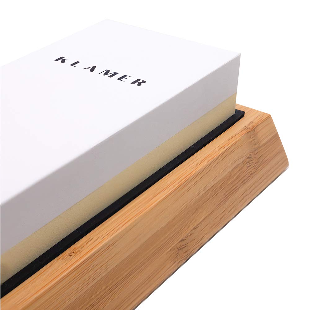KLAMER Messer Schleifstein Set 1000/6000 Körnung Doppelseitiger Messerschärfer Abziehstein Wetzstein mit rutschfestem Bambusboden