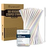 Greenland Pack de 100 pajitas reutilizables a rayas con cepillo – 21 cm de largo, 6 mm de ancho – Perfectas para cócteles, leche, zumos y té