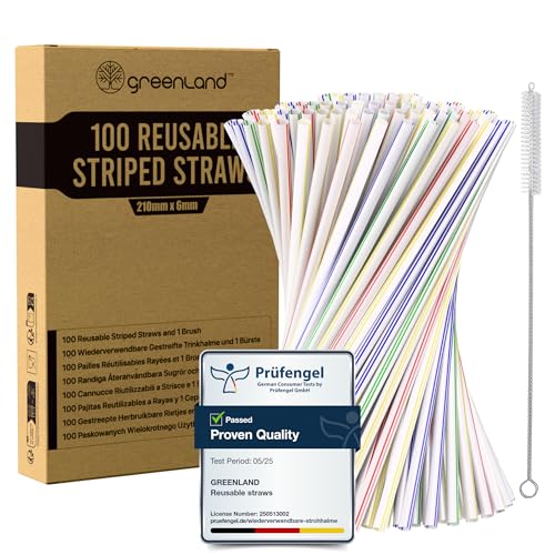 Greenland Confezione da 100 Cannucce Riutilizzabili a Righe con Scovolino – 21 cm di Lunghezza, 6 mm di Diametro – Perfette per Cocktail, Latte, Succhi, Tè