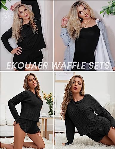 Ekouaer Womens Waffle Knit Pajama Sets Long Sleeve Top And Shorts Matching Lounge Set Sleepwear Loungewear Sweatsuit With Pockets Black Medium #TOP3