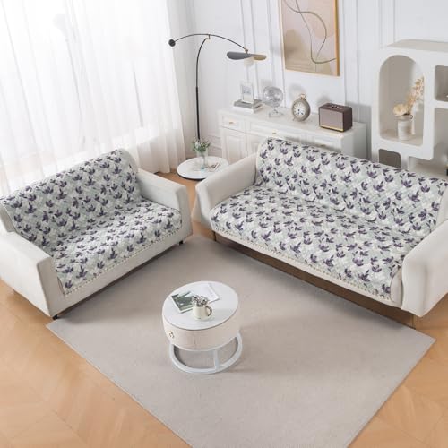 Image of HOKIPO Lavender Vine Quilted Sofa Cover 3 Seater and 2 Seater with Tassels Set - 5 Seater Sofa Cover (3+2) for Seat & Back | 'Tassel Twigs' Series (IN-991-T1 + IN-990-T1)
