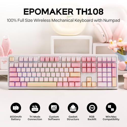 Image of EPOMAKER TH108 Full Size Mechanical Keyboard, Wireless Gaming Keyboard with 10000mAh Battery, Creamy Gasket, 108 Keys, Hot Swap, Custom Driver, RGB Backlight (Pink, Creamy Jade)