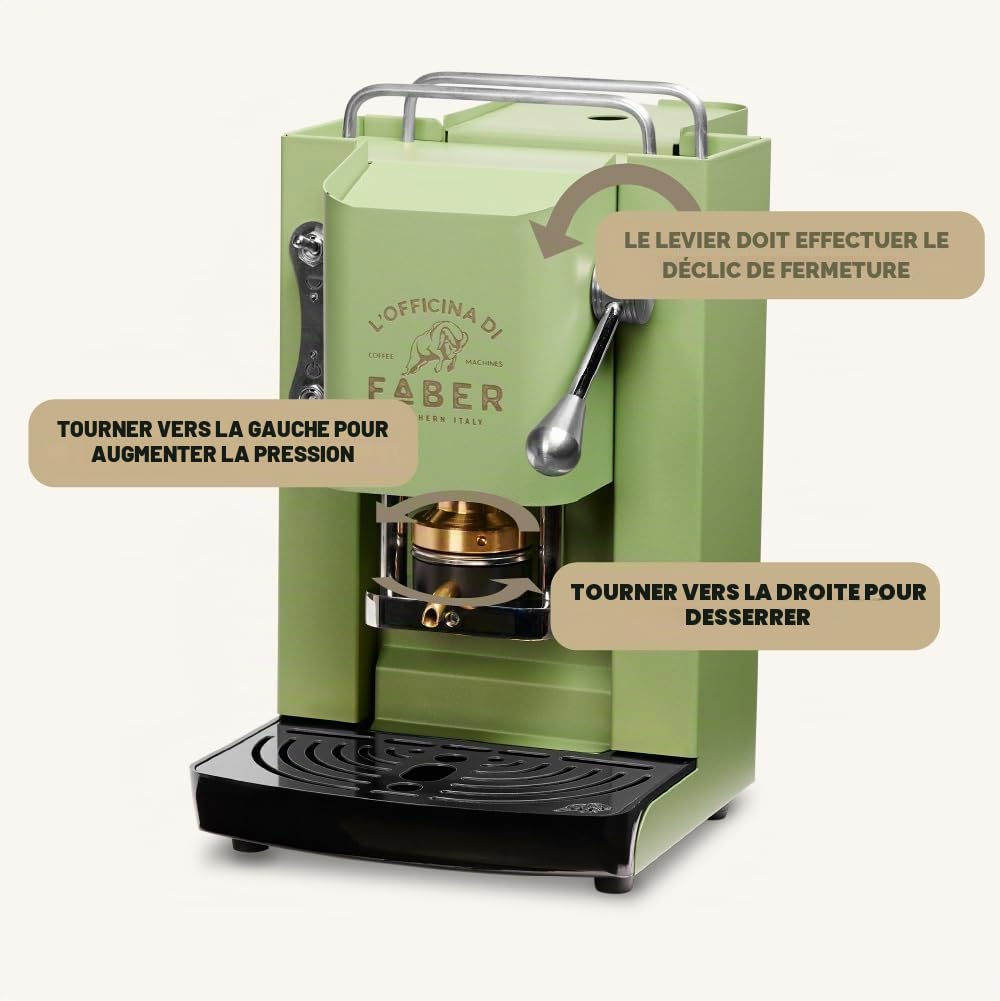 FABER COFFEE MACHINES | Modèle Pro Deluxe | Machine à café à dosettes ese 44mm | Finition Chrome | Pressacialda en laiton (Acid Green)