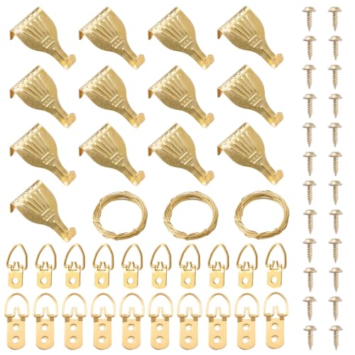 Image of Picture Hanging Kit - 13Pcs Picture Rail Hooks, 3 Rolls 3M Hanging Wires, 40Pcs D Ring Picture Hangers with Screws for Wall Pictures Exhibition(Gold)