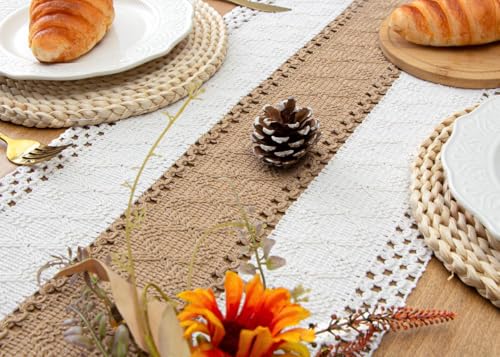 Image of FEXIA Boho Table Runner for Home Coffee Decor 90 Inches Long Farmhouse Rustic Table Runner Macrame Burlap Centerpieces for Tables Decoration for Kitchen Bedroom Decor Bridal Shower (12x90 Inches)