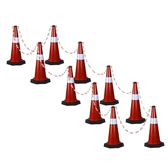 ABS INDUSTRY Safety Cones 10 Cones with 10 Meters S Hook Safety Chain and 10 Hooks Multipurpose PVC Plastic Traffic Safety Cone with Black Rubber Weighted Base and Highly Visible Reflective Collar