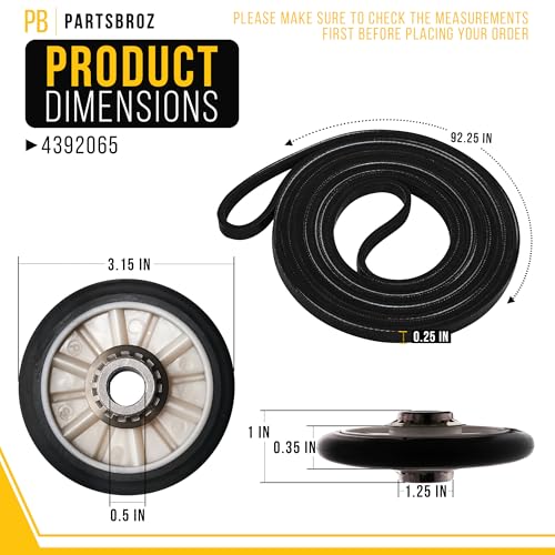 PartsBroz 4392065 Dryer Repair Kit with 341241 Dryer Belt, 349241T Dryer Drum Roller Kit, WP691366 Dryer Idler Pulley for Whirlpool Kenmore Roper Amana Maytag Centennial NED4655EW1 WED4815EW1 Parts