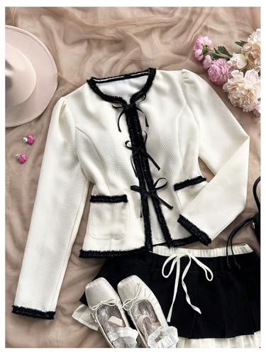 MakeMeChic Women's Contrast Binding Long Sleeve Jacket Tie Front Double Pocket Coat Outerwear3